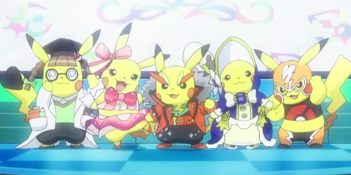 A group of five Cosplay Pikachus in Pokemon anime