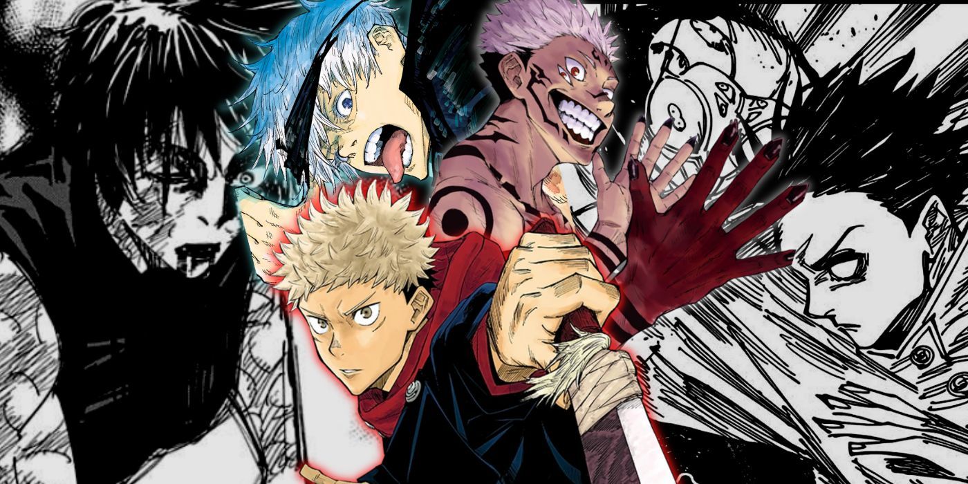 Maki Zenin, Satoru Gojo, Yuji Itadori, Ryomen Sukuna, and Yuta Okkotsu from Jujutsu Kaisen.