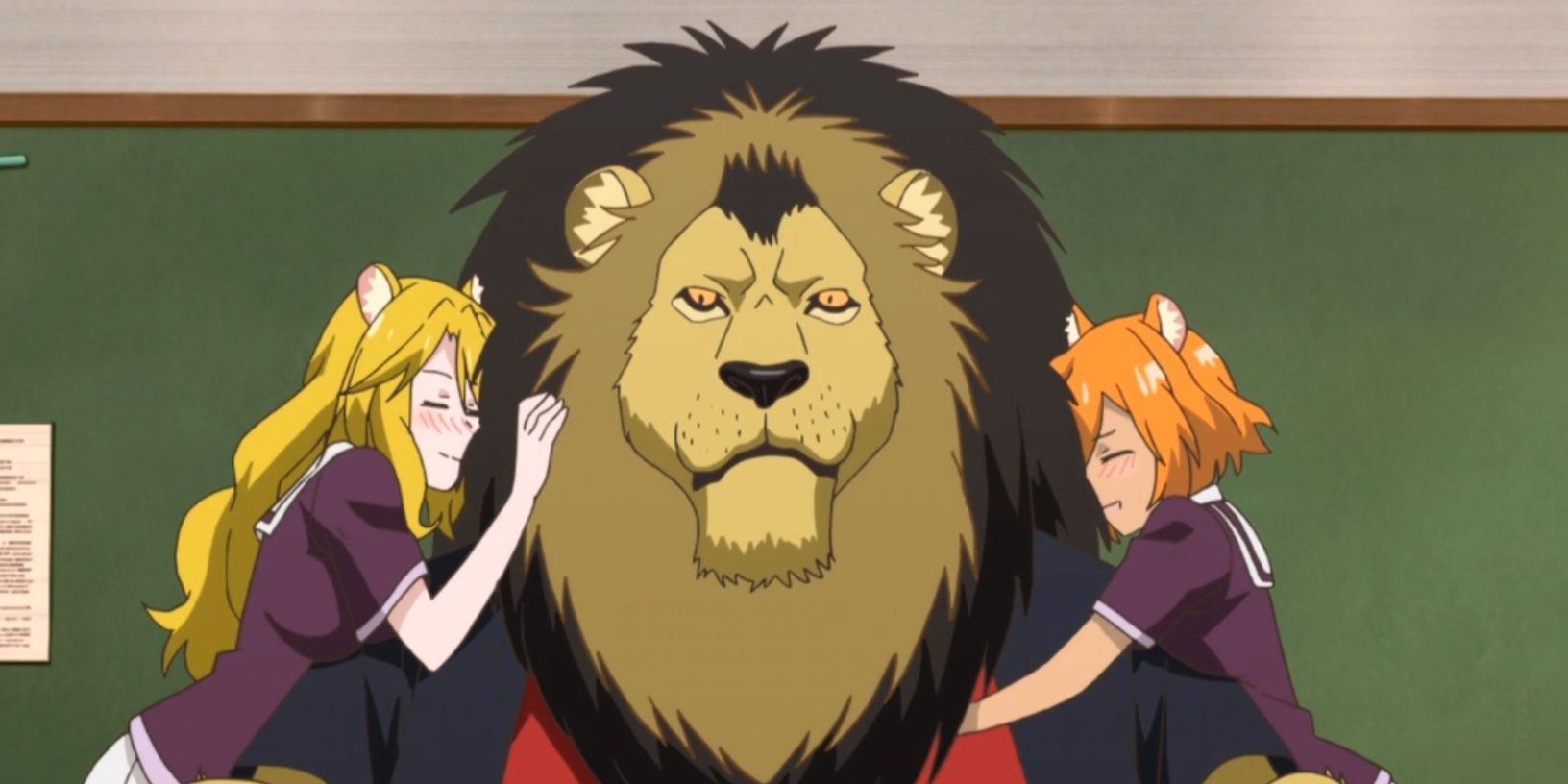 Two lion girls hug a lion in Seton Academy.