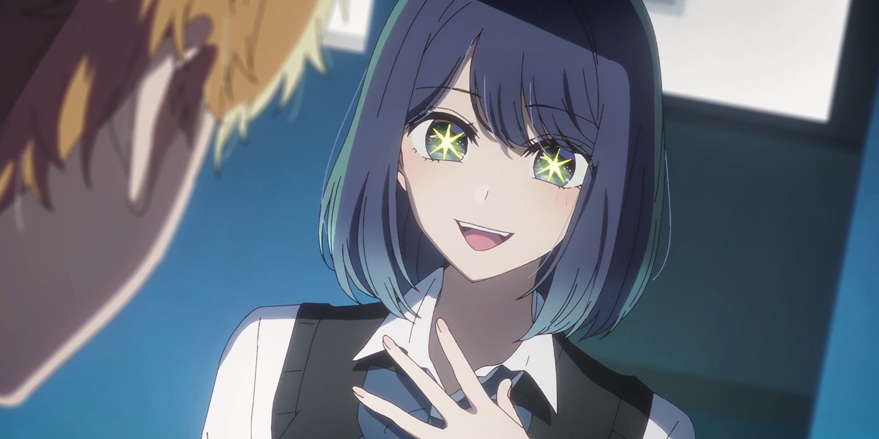 Akane showing her eye stars to Aqua in Oshi no Ko as she portrays Ai