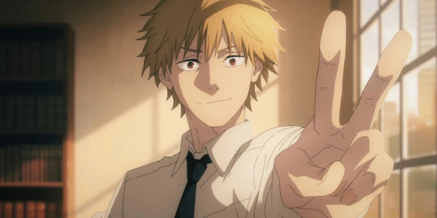 Chainsaw Man's Denji smiling and giving the peace sign.