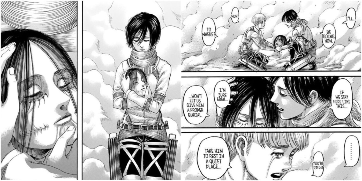 Split panel showing Mikasa holding Eren's head; and Mikasa and Armin mourning Eren's death