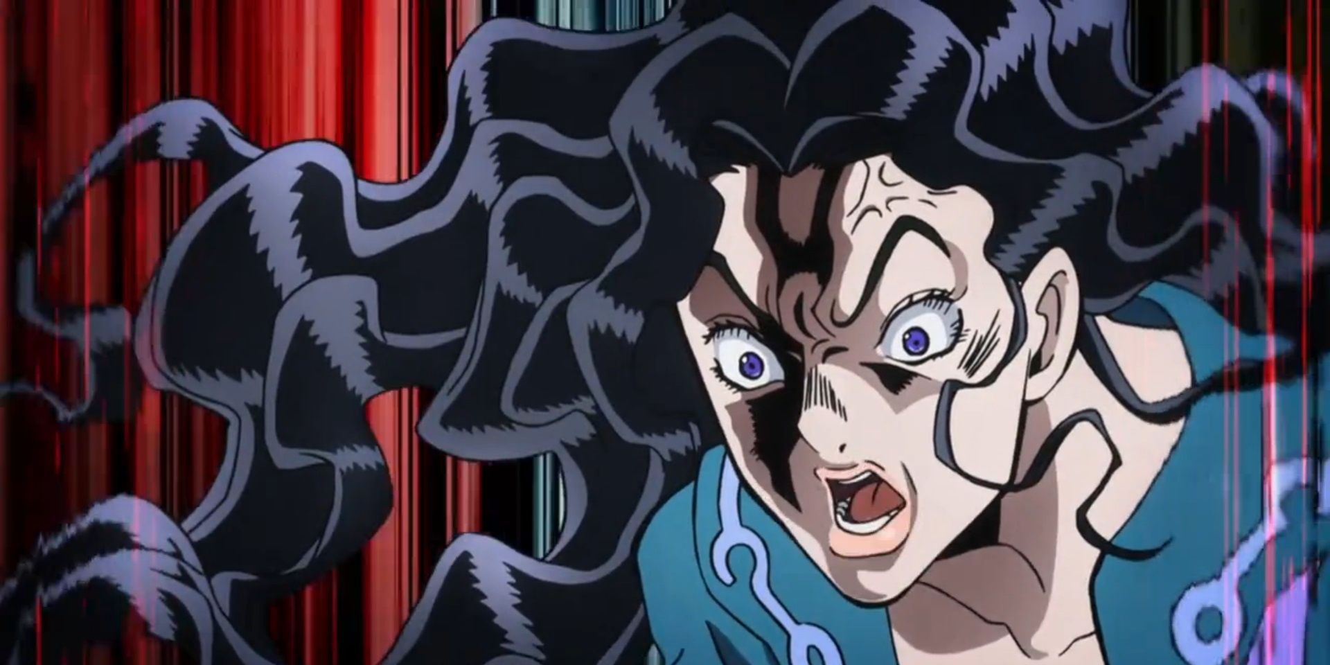 Yukako Yamigishi's Love Deluxe in Jojo's Bizarre Adventure; Yukako's hair is floating in a mass and her eyes are bugged, her mouth agape.