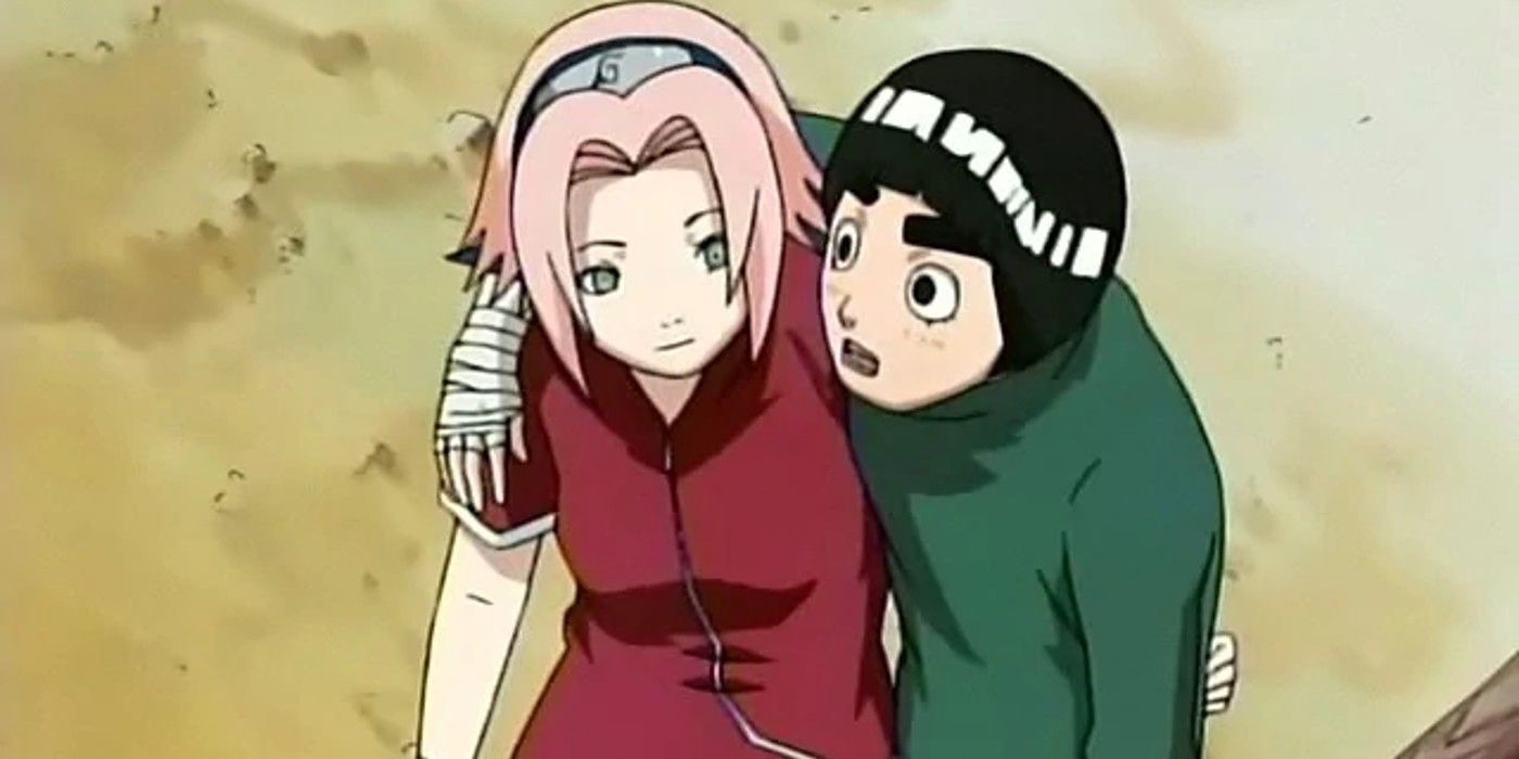 Sakura helping Rock Lee in Naruto.