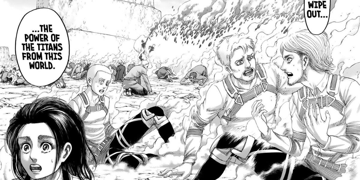 Connie, Reiner, Jean, and Gabi looking shocked as the Shining Centipede disappears
