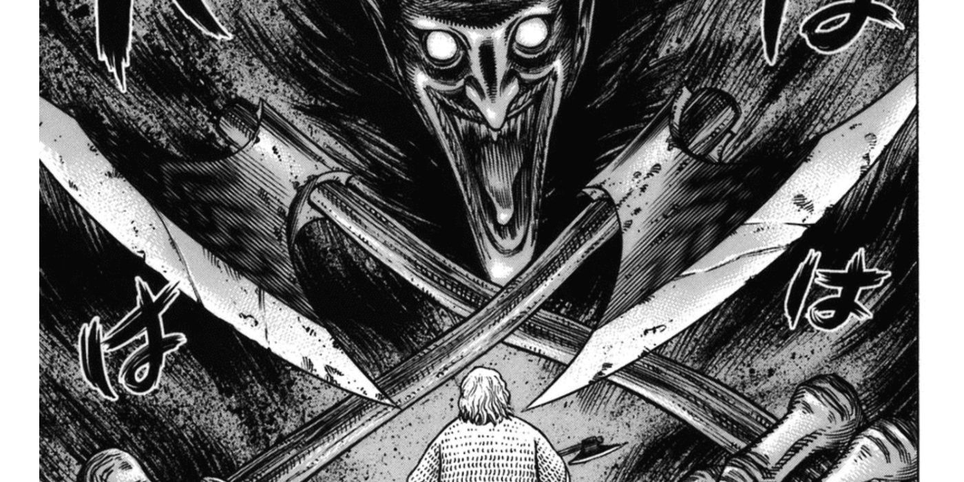 A massive and demonic-looking Thorkell wielding axes over a helpless Torgrim.