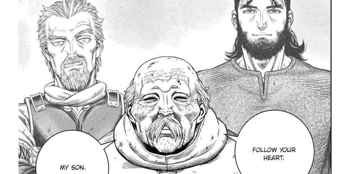 An elderly Leif encouraging Thorfinn as visions of Askeladd and Thors appear behind him.