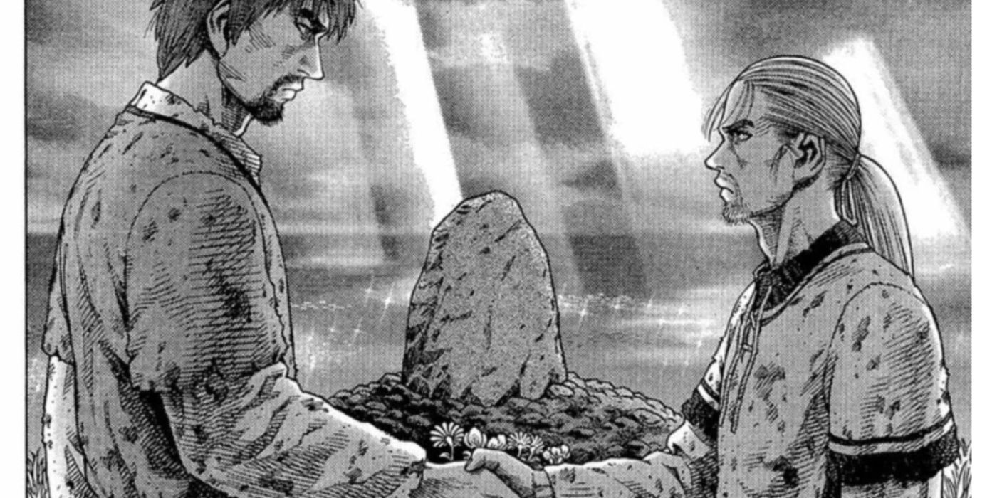 Einar and Thorfinn shaking hands as they mourn over Arnheid's grave in Vinland Saga.