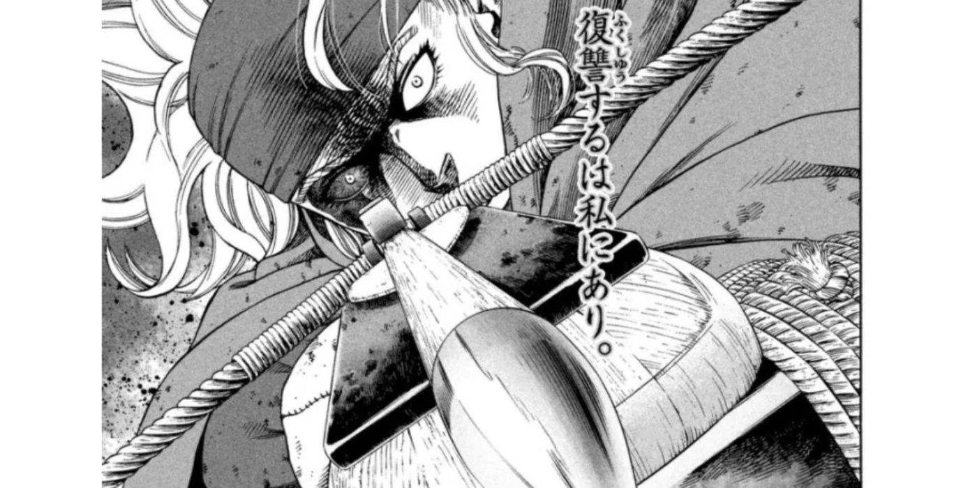 Hild glaring down the sights of her crossbow in Vinland Saga.