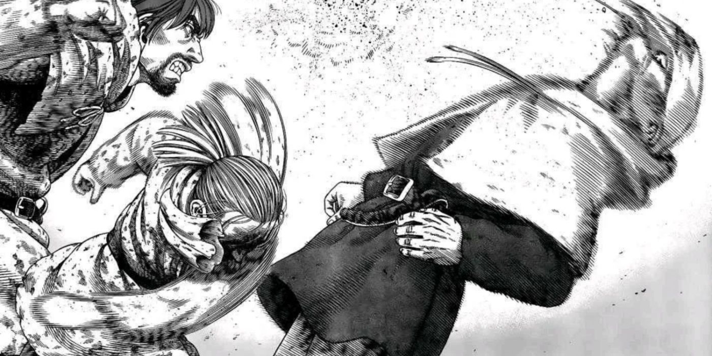 Thorfinn punching out a farmhand in Vinland Saga.